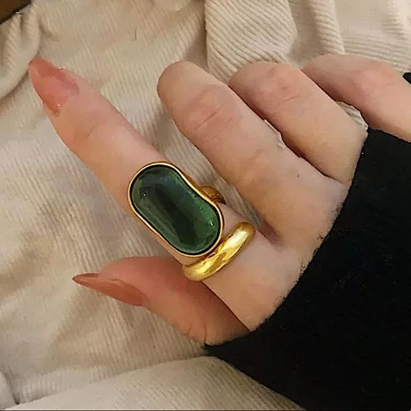 NEW 18K GOLD PLATED VINTAGE EMERALD GREEN ADJUSTABLE RESIZABLE RING - Picture 3 of 3